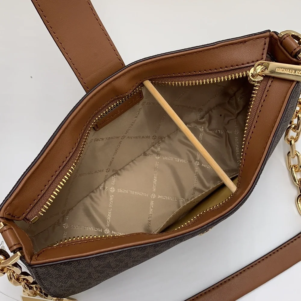 MICHAEL KORS Carmen Small Shoulder Pochette Bag BROWN SIGNATURE COLOR  NWT